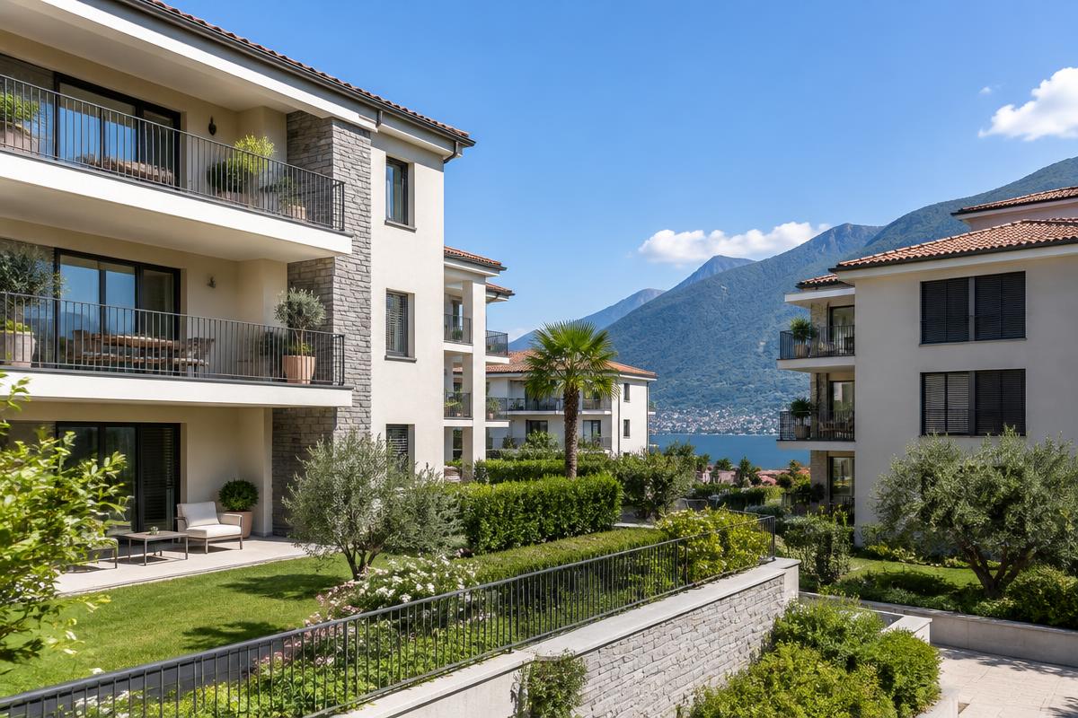 Complesso residenziale moderno in Ticino con vista sul lago